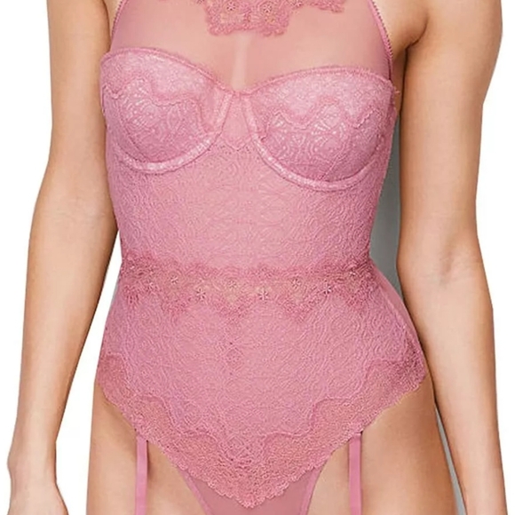 Victoria's Secret Dream Angels Chantilly Lace High Neck Thong Bodysuit Garter - Picture 14 of 14